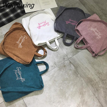 Weiyinxing New Corduroy Large-capacity Crossbody Bags for Women Literary Embroidery Tote Shoulder Bags Letter Zipper Retro Handbags
